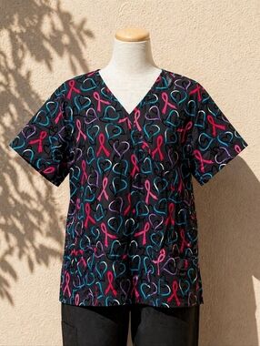 Scrubstar XL Breast Cancer Ribbon Scrub Top Pink Blue Heart Nurse Medical V Neck